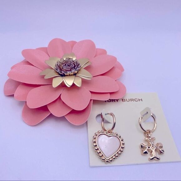 NWOT Tory Burch Gold Mix Match Heart & Double T Hoop Earrings - Picture 4 of 9